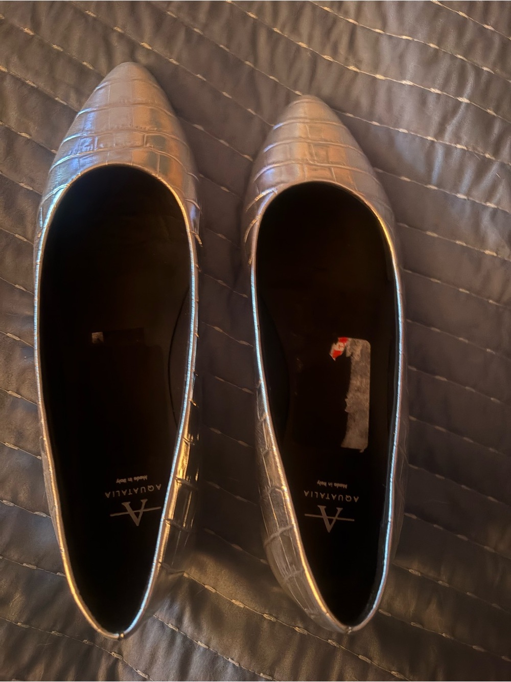Aquatalia Silver Metallic Croc-Embossed Pointed Toe Slip-Ons